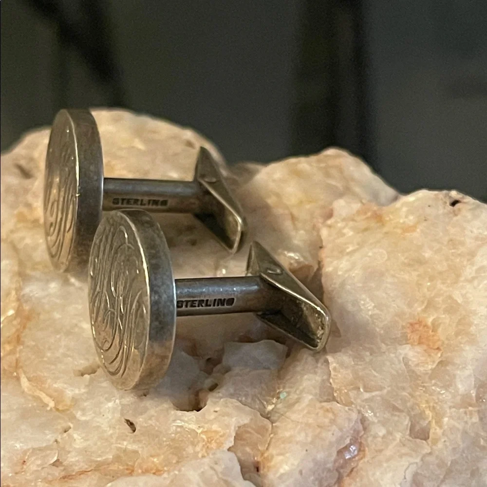 Allan Adler Sterling Silver Engraved Round Silver Monogram Cufflinks for Men